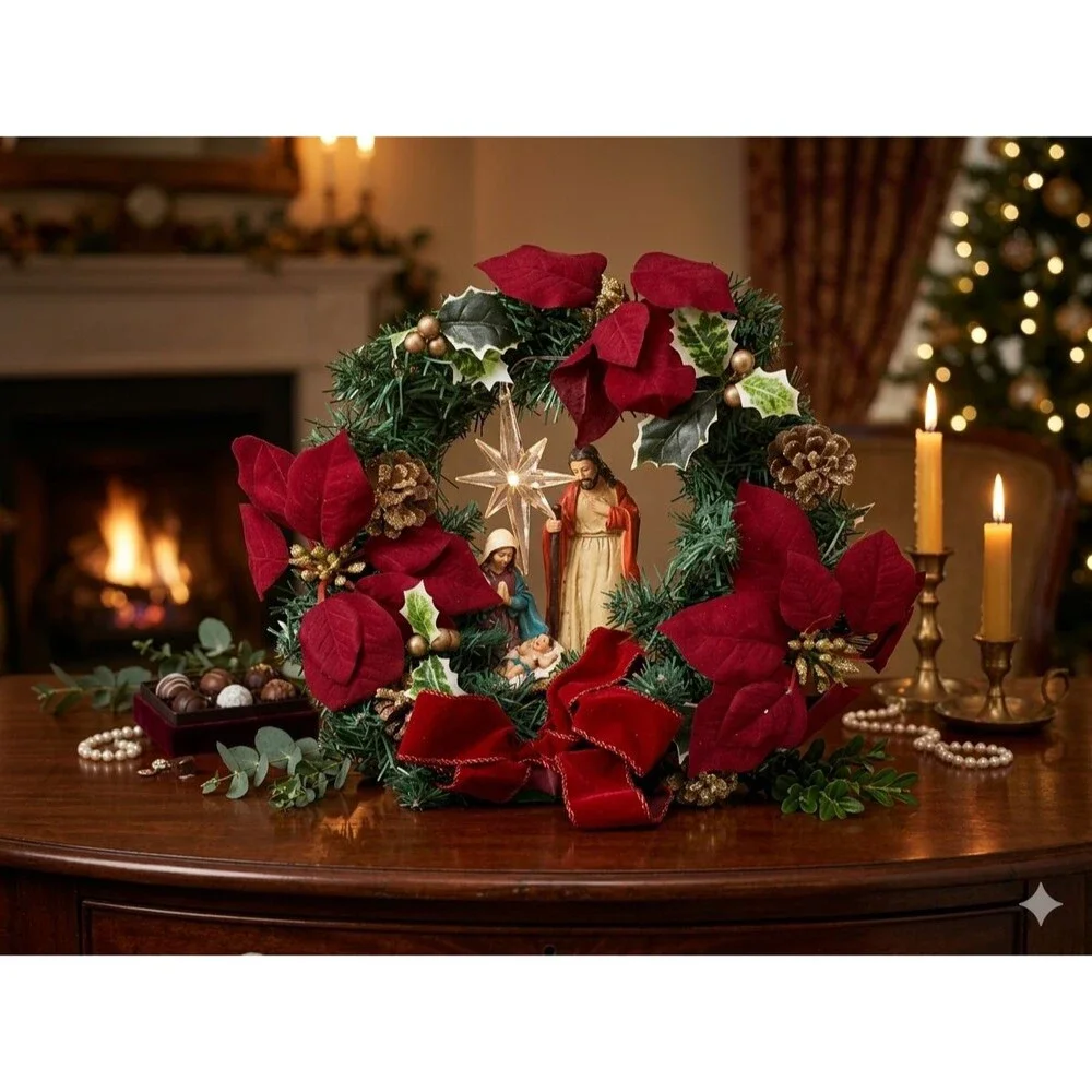 Traditional Pre-Lit Poinsettia Nativity Christmas Wreath – Holy Family & Red Vel